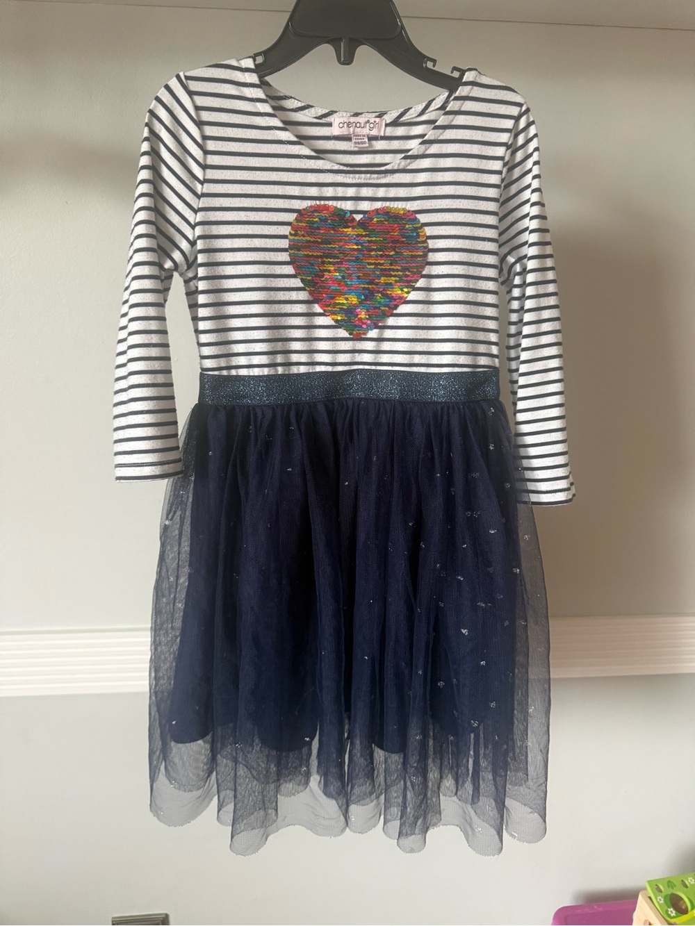Chenault Girl Navy & White Striped Top with Multicolor Sequin Detail